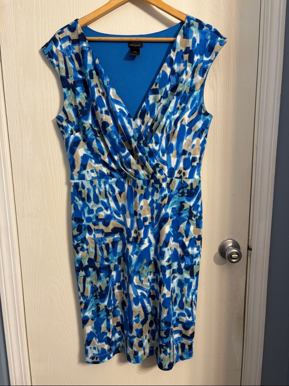 Ann Taylor Blue and Tan Abstract Faux-Wrap Midi Dress